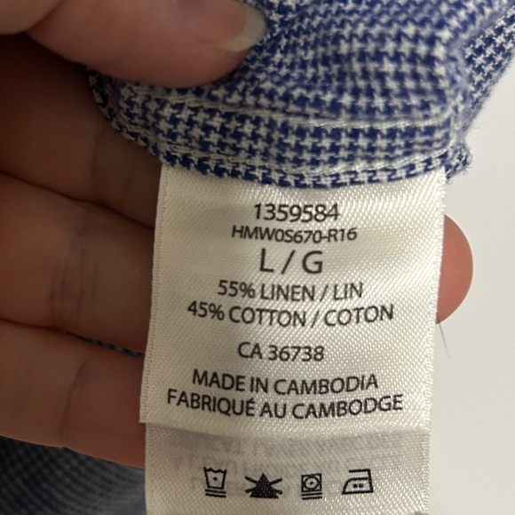 Haggar Mens Large Linen Blend Short Sleeve Button Up Shirt Blue & White Casual - Picture 4 of 10